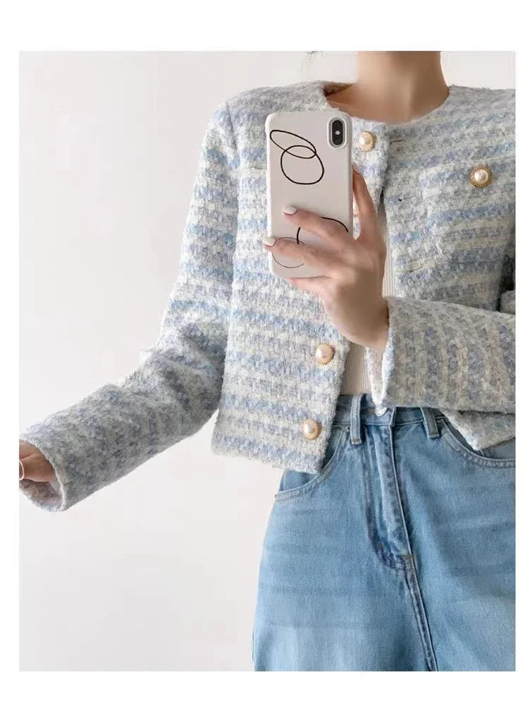 Blue Tweed Cardigan Jacket with Pockets