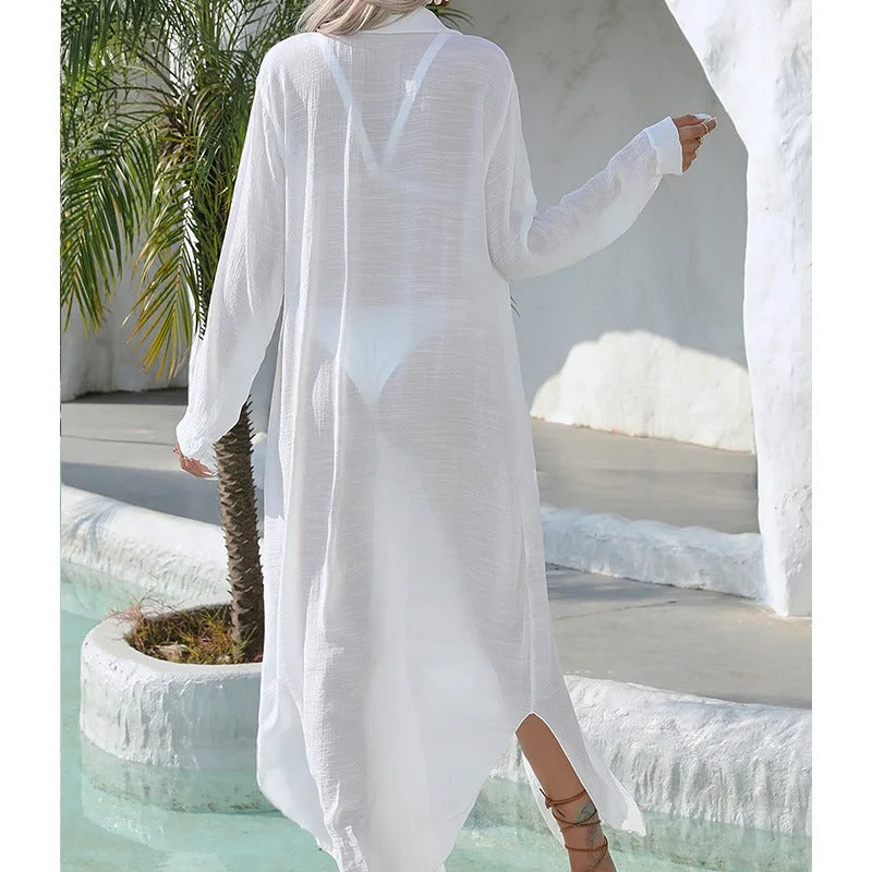 White Long Beach Shirt Stylish Bikini Cover Up