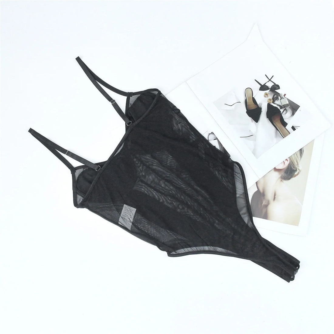 Black Lace Mesh Bodysuit with Metal Chain