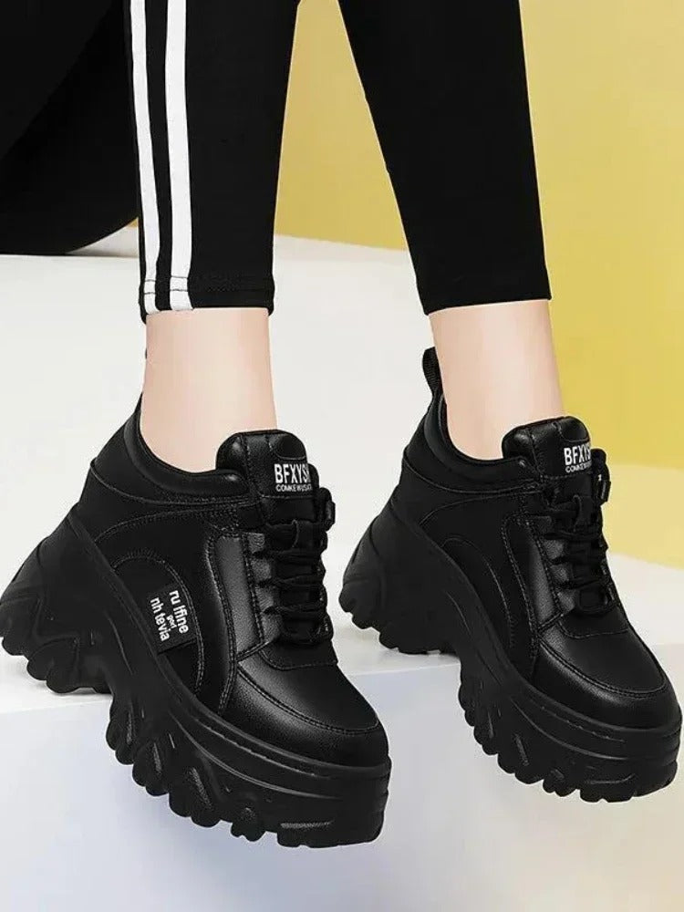 Black Leather Women's Platform Sneakers