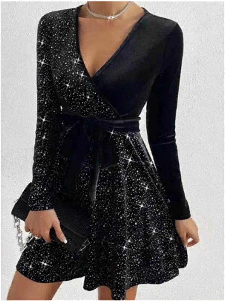 Black Sequin V-Neck Mini Dress