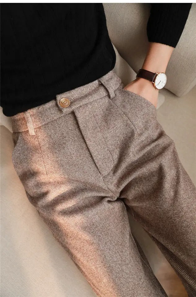 Khaki Wool High Waist Harem Pants