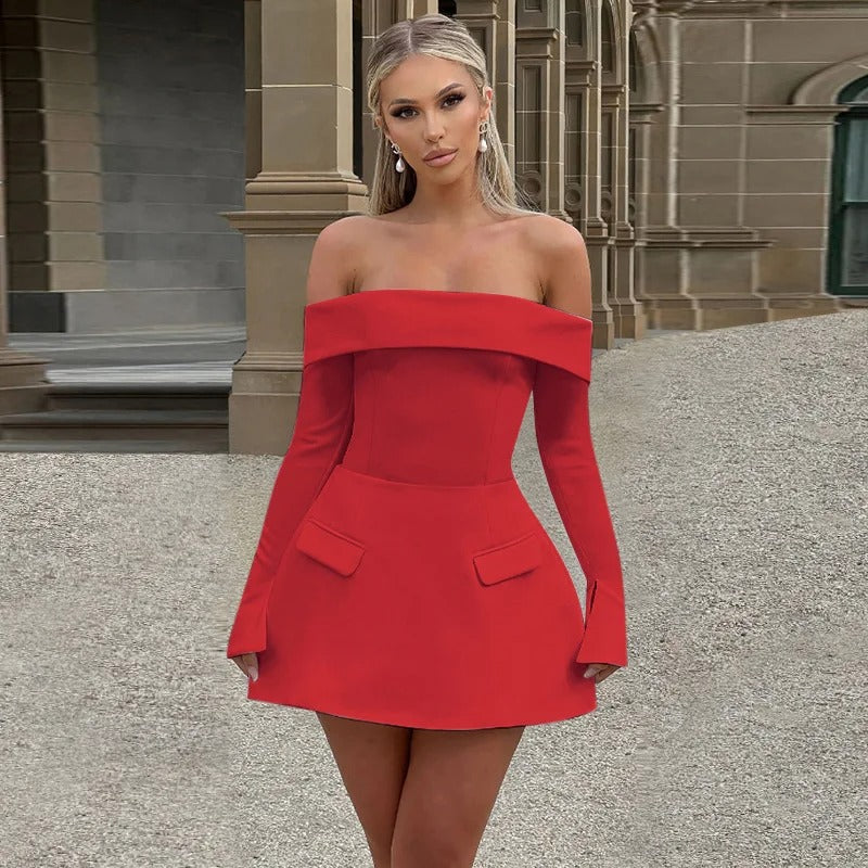 Red Off Shoulder Long Sleeve Mini Dress