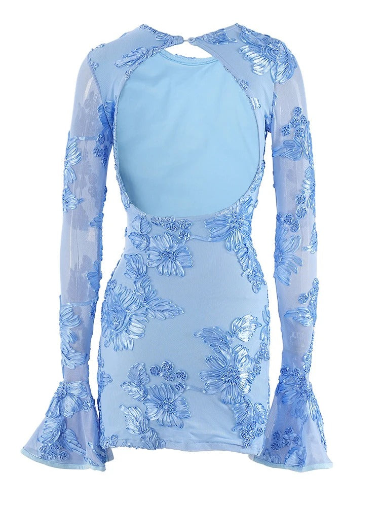 Sky Blue Embroidered Party Dress with Cut Out