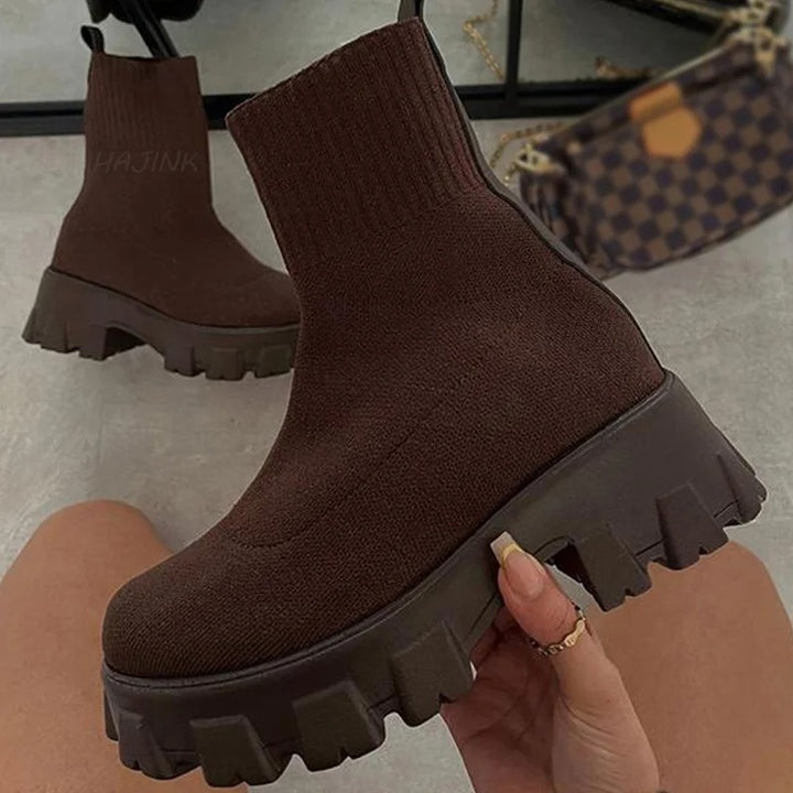 Brown Square Heel Platform Short Boots