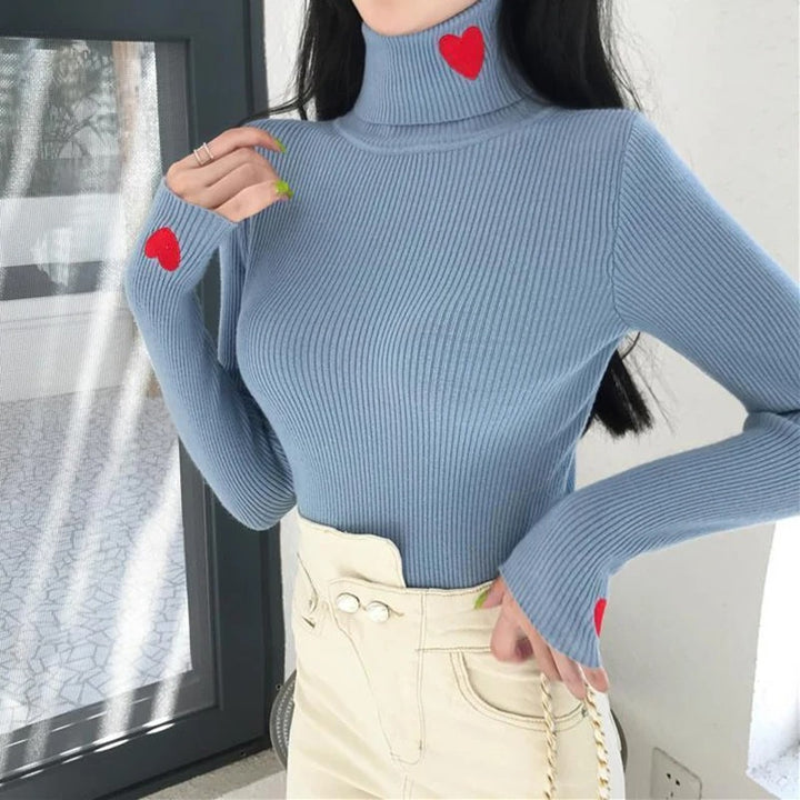 Turtleneck Sweater Blue With Embroidered Heart