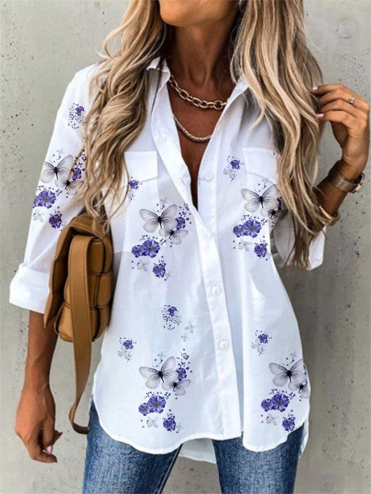 White Shirt with Butterfly and Flower Print