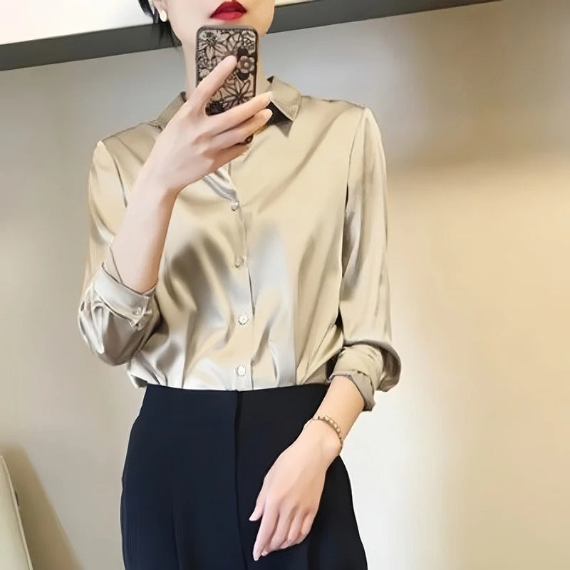 Beige Satin Turn-Down Collar Shirt