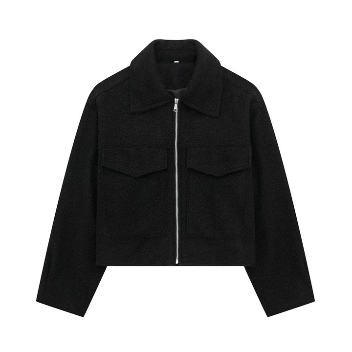 Black Cropped Jacket with Lapels and Zipper