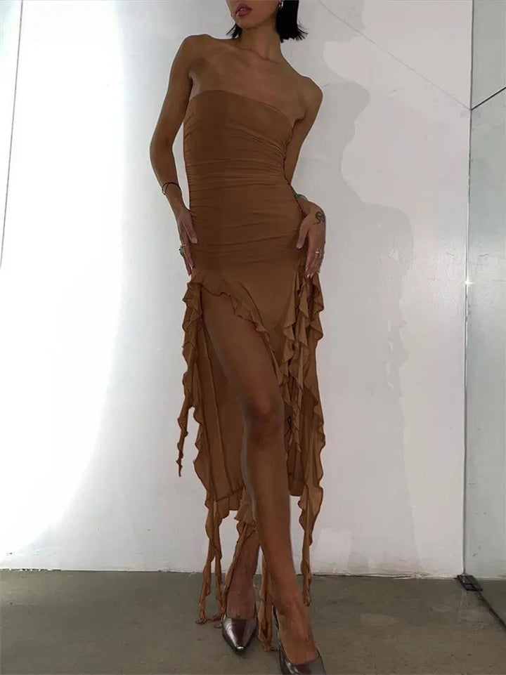 Brown Maxi Dress with Fringe and Slit