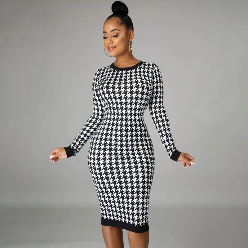 Black houndstooth midi dress