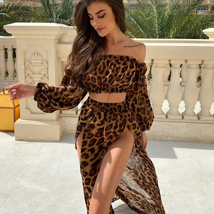 Brown Leopard Two Piece Beach Set with Split