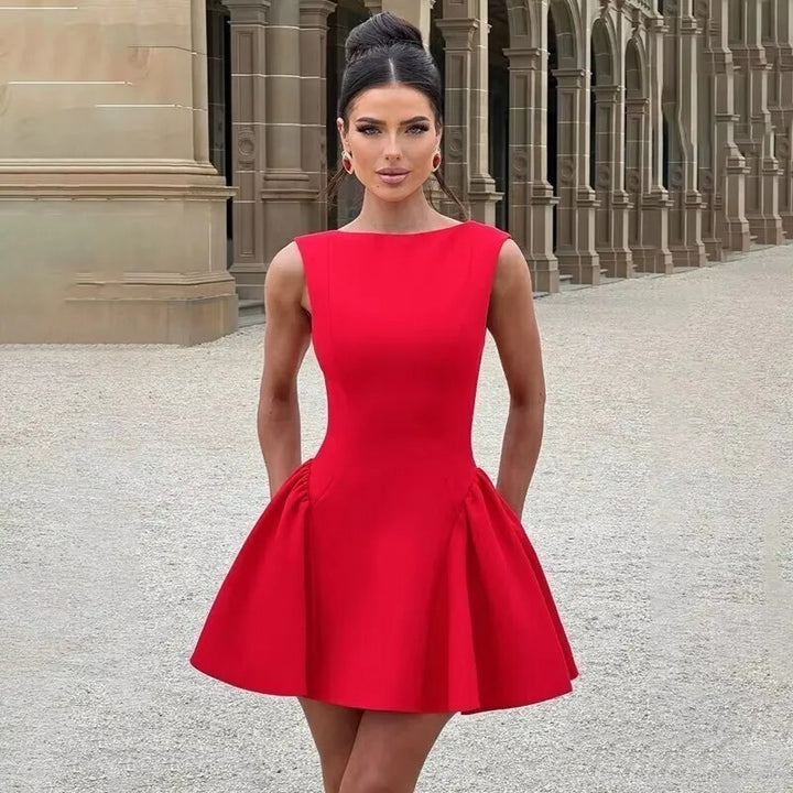 Red Sleeveless Mini Dress with Asymmetrical Neckline