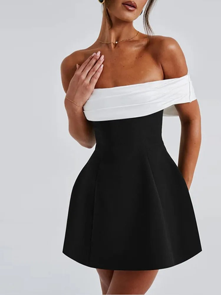 Black and white off-the-shoulder mini dress