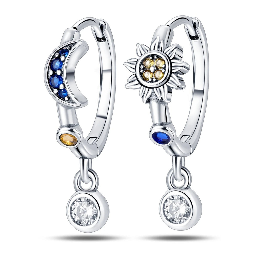 Silver Sun and Moon Hoop Earrings with Cubic Zirconia