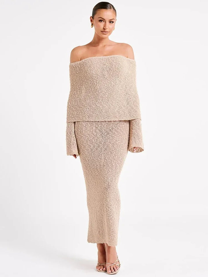 Champagne Knitted Off-Shoulder Maxi Dress