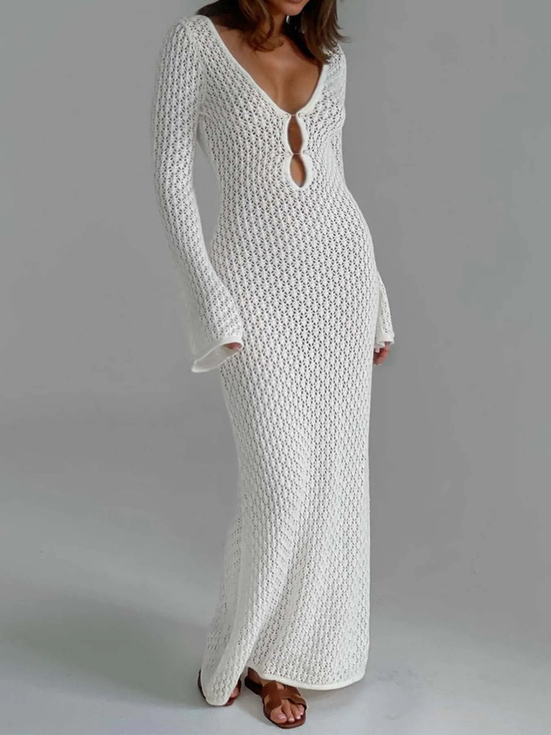 White Openwork V-Neck Maxi Beach Dress