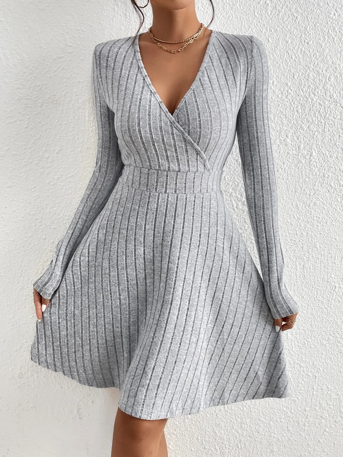 Gray V-Neck Knit Dress