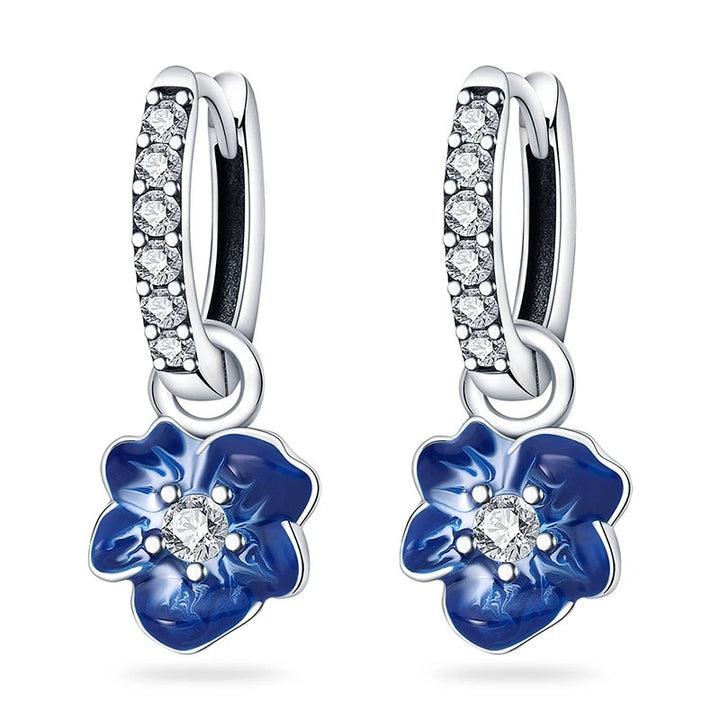 Silver Hoop Earrings with Blue Flower and Cubic Zirconia