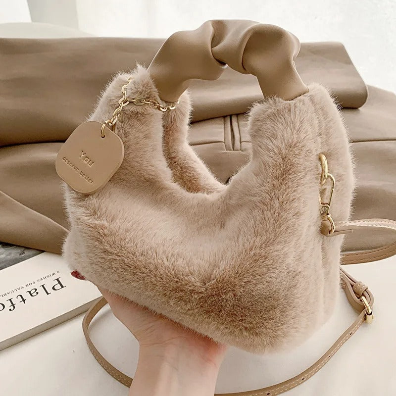 Khaki Faux Fur Bag with Leather Handle