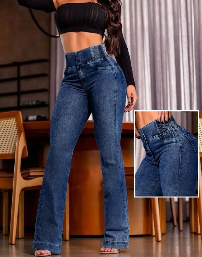 Navy Blue High Waist Slim Fit Jeans with Buckle