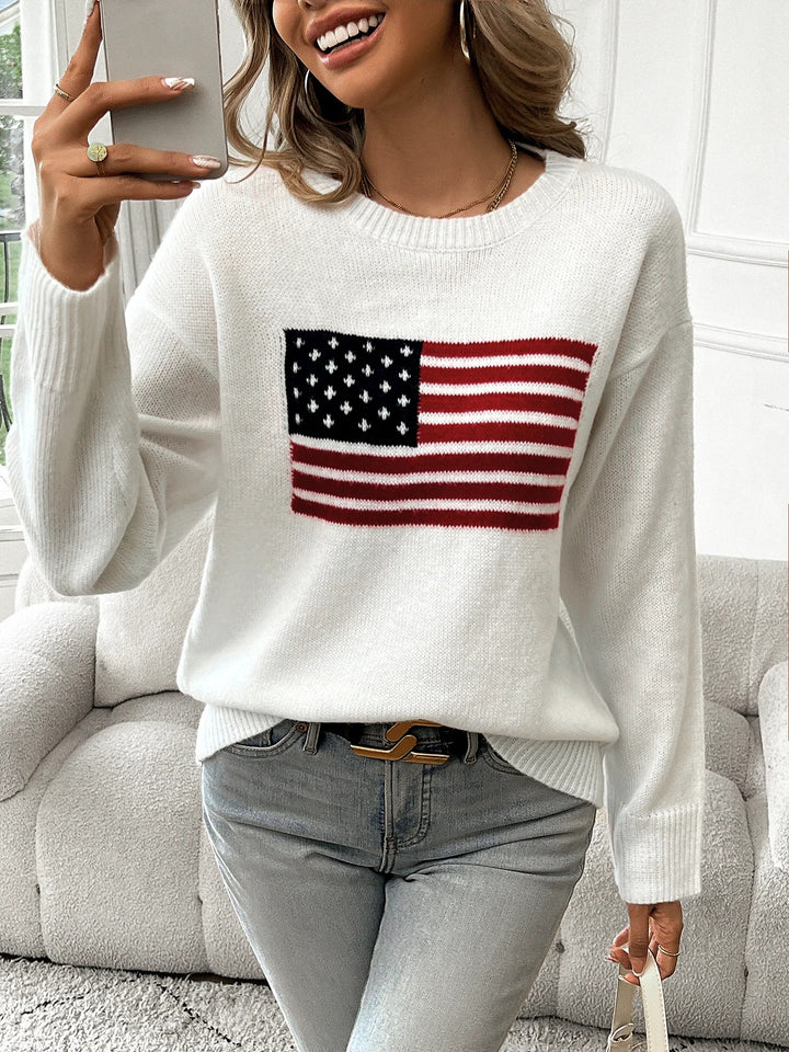 White American Flag Round Neck Sweater