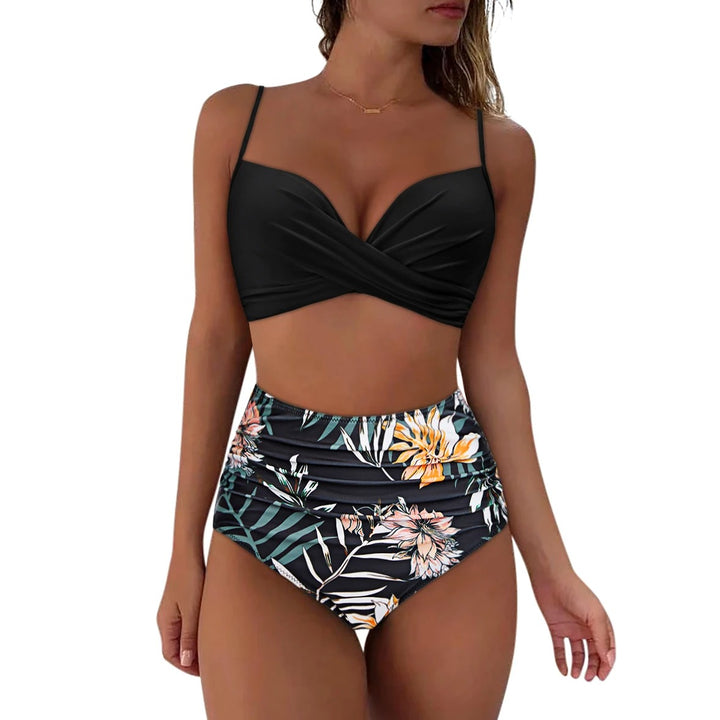 Czarno-Kwiatowe Bikini Push-Up z Wysokim Stanem