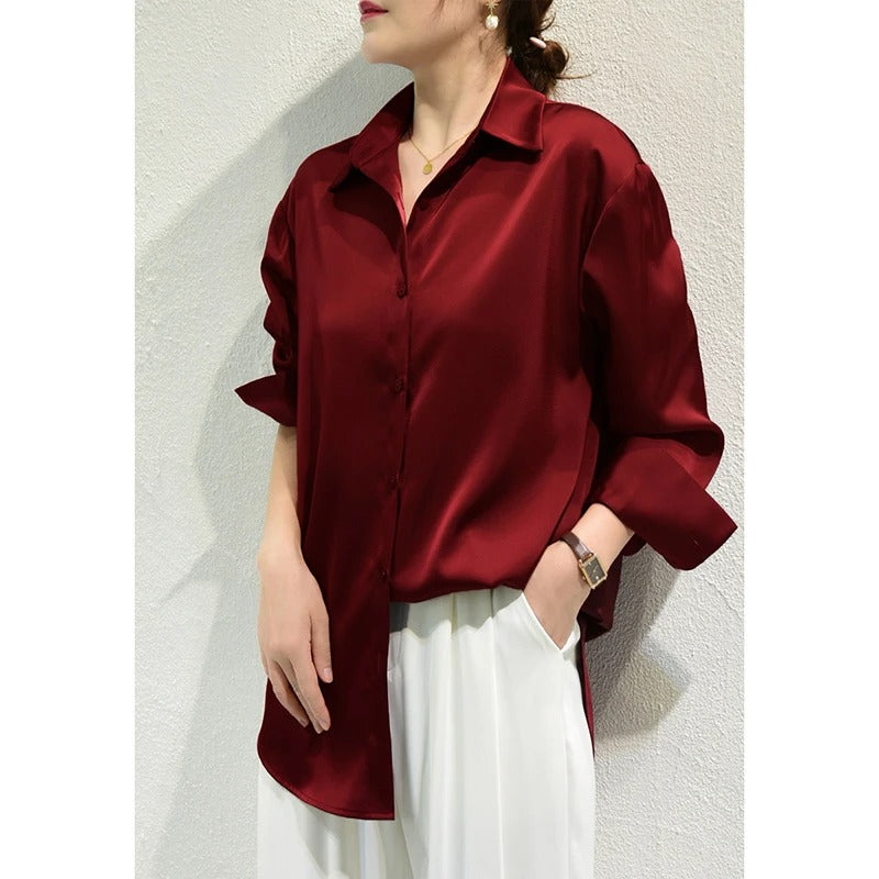 Red Satin Turn-Down Collar Shirt