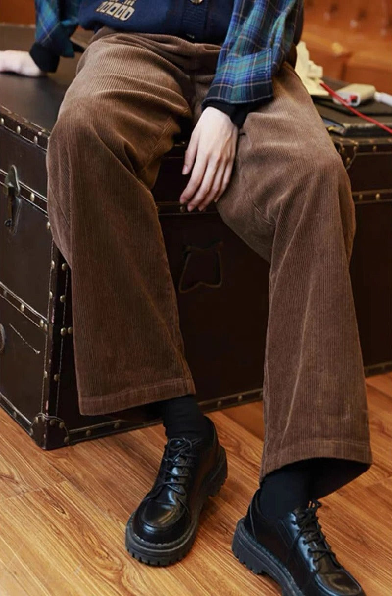 Brown Retro High Waist Corduroy Trousers