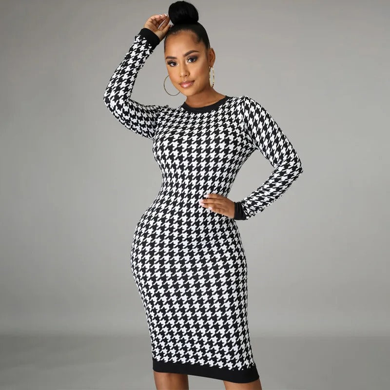 Black houndstooth midi dress