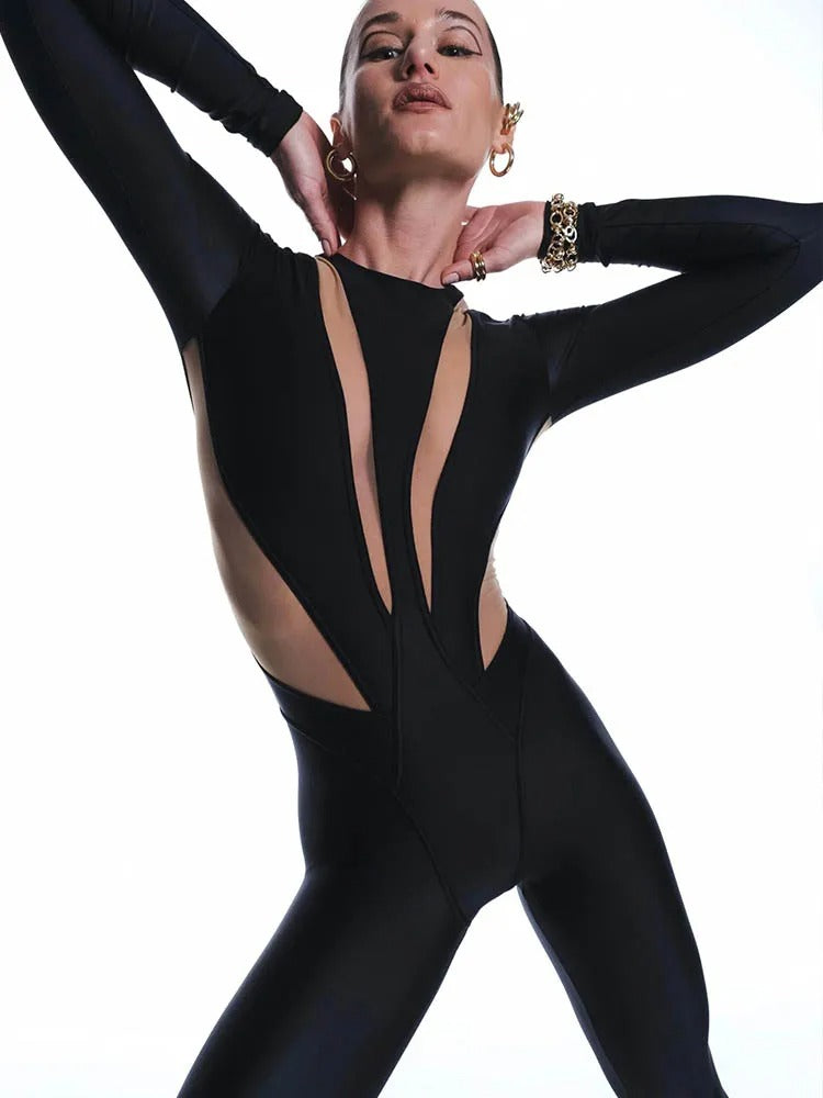 Black Mesh Patchwork Long Sleeve Jumpsuit