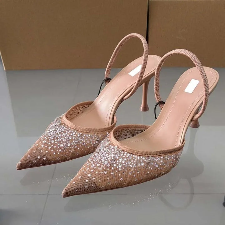 Beige Water Diamond Bright Mesh High Heels Sandals