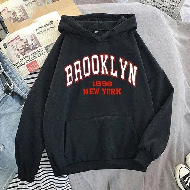 Czarna Bluza z Kapturem Brooklyn Letter Print