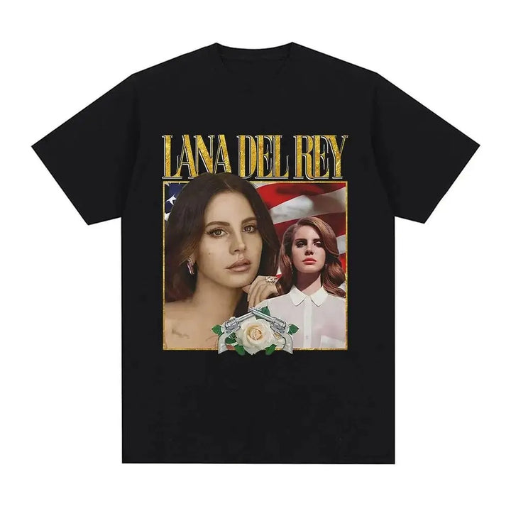 Czarny T-Shirt z Nadrukiem Lana Del Rey - USA Flag