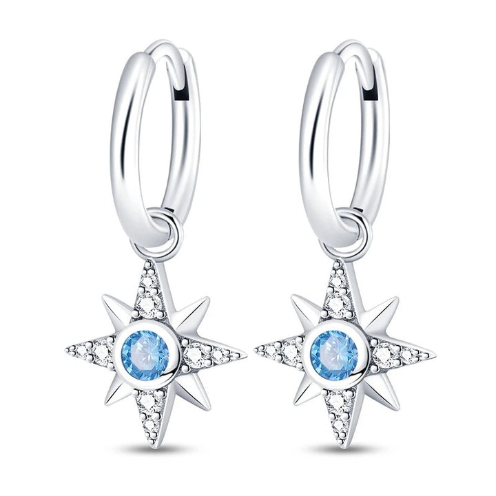 Silver Hoop Earrings with North Star and Cubic Zirconia