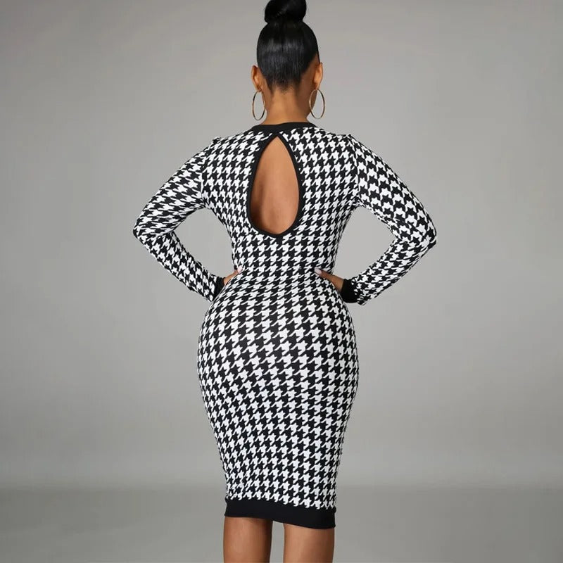 Black houndstooth midi dress