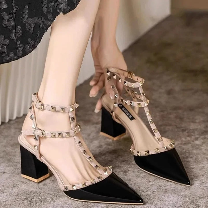 Black High Heel Shoes with Studs and Pointed Toe