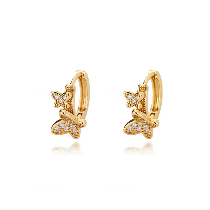 Gold Hoop Earrings with Cubic Zirconia - Double Butterfly