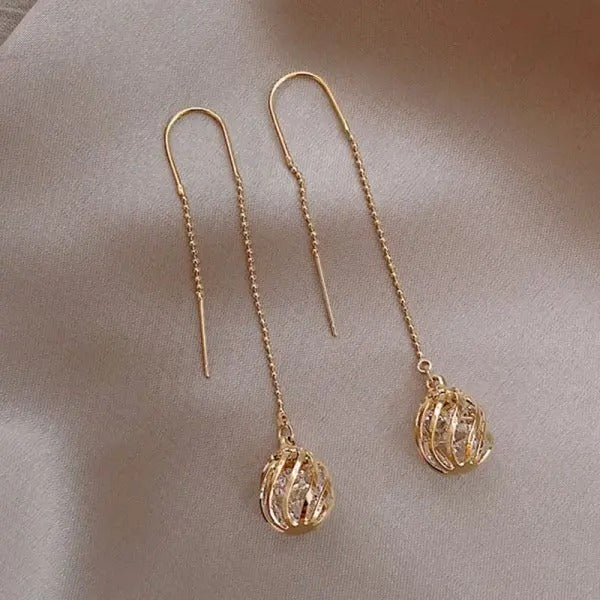 Gold Long Earrings with Openwork Ball Elegant Lightness