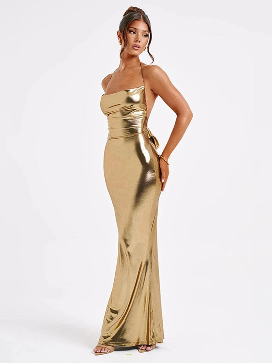 Gold Halter Neck Open Back Maxi Dress