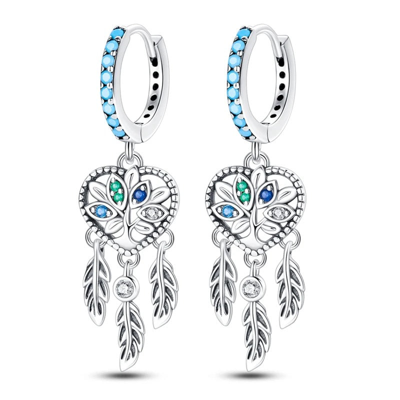 Silver Hoop Earrings with Dreamcatcher and Cubic Zirconia