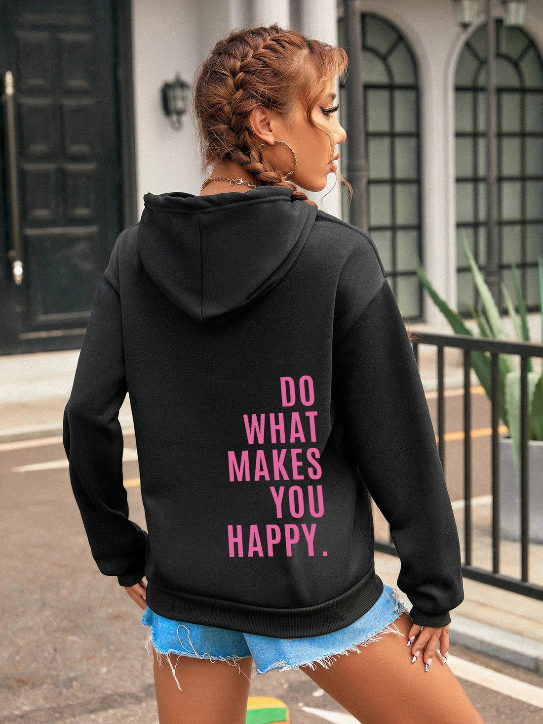 Czarna Bluza Oversize z Kapturem "Do What Makes You Happy"