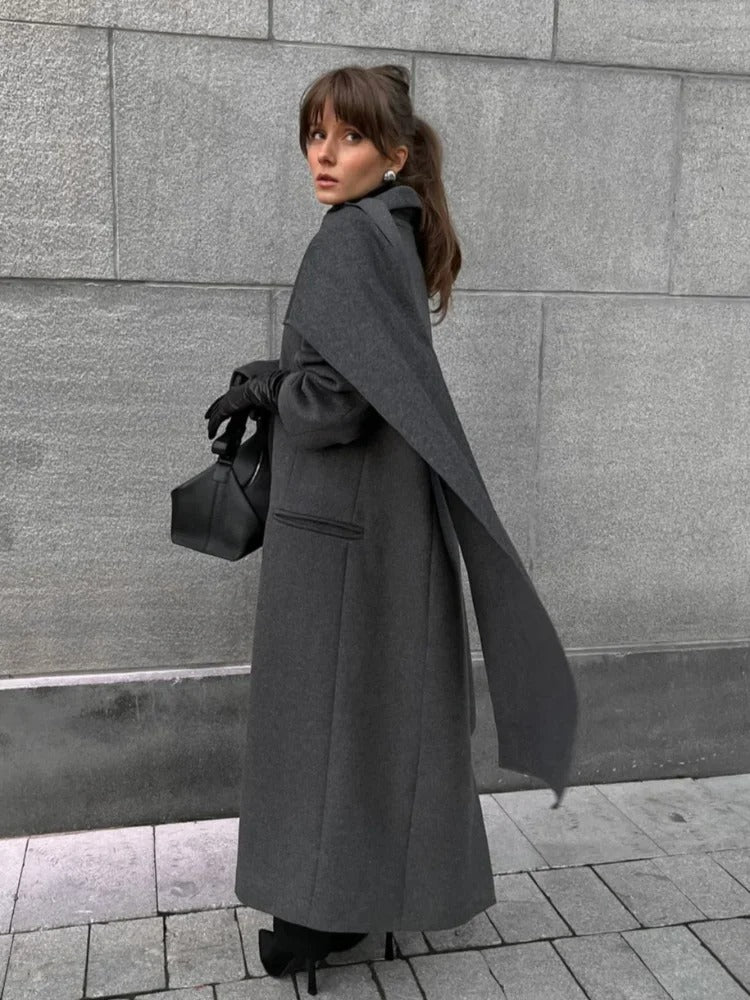 Gray Wool Coat with Scarf