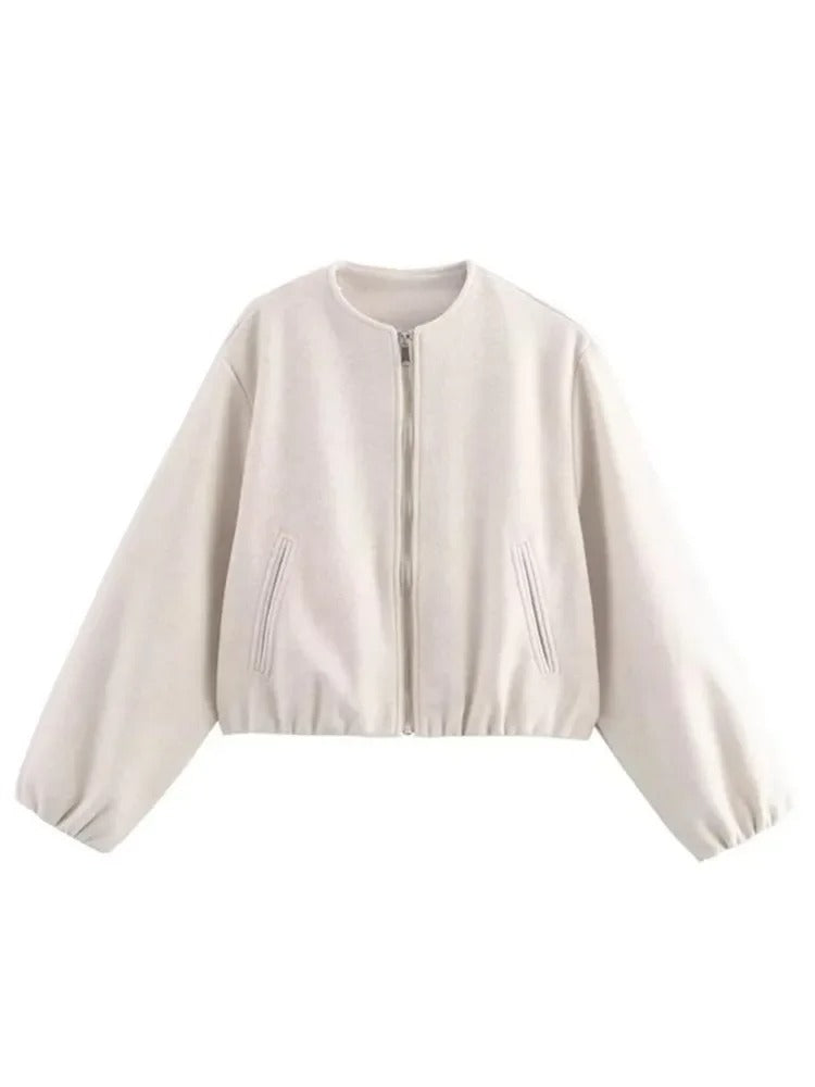 Beige Round Neck Bomber Jacket