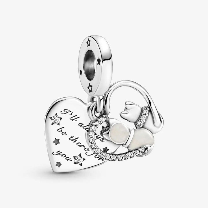 Silver Charm Heart with Cat and Zircons