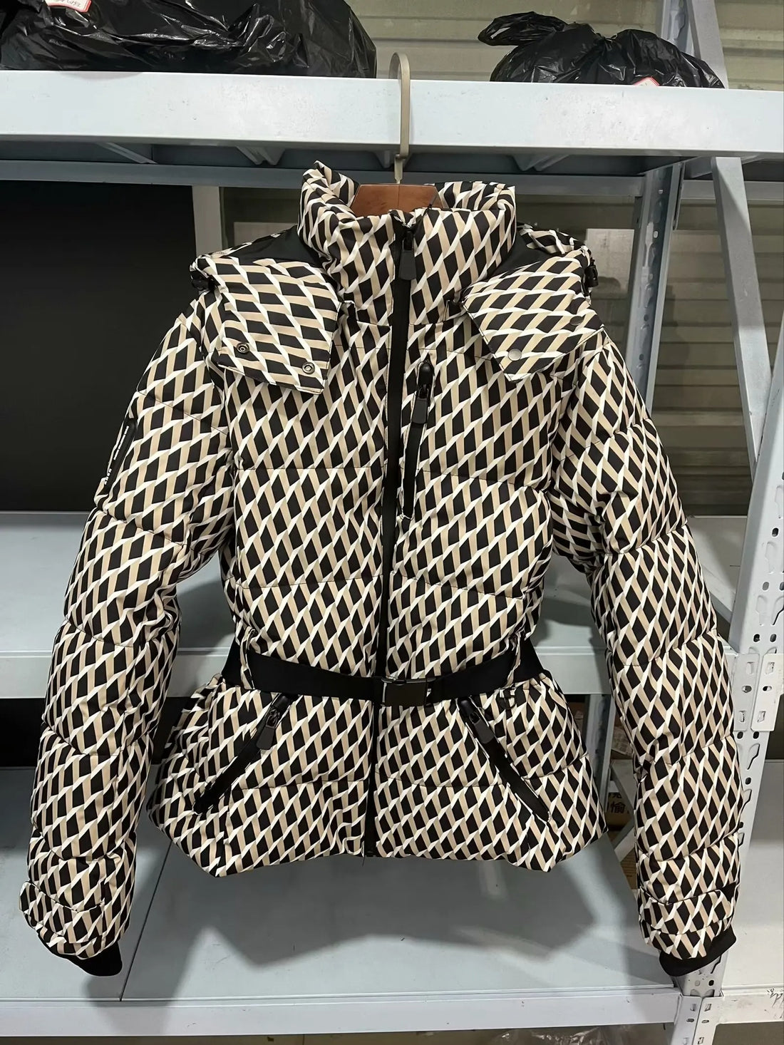 Checkered Down Jacket with Belt and Hood