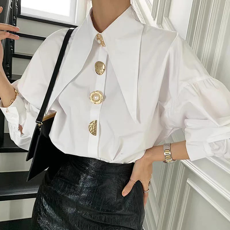 White Elegant Shirt with Pearl Trim