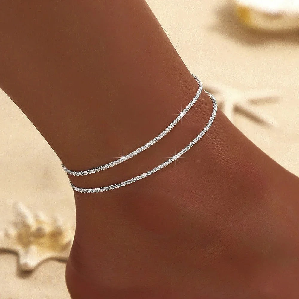 Silver Double Ankle Bracelet Set