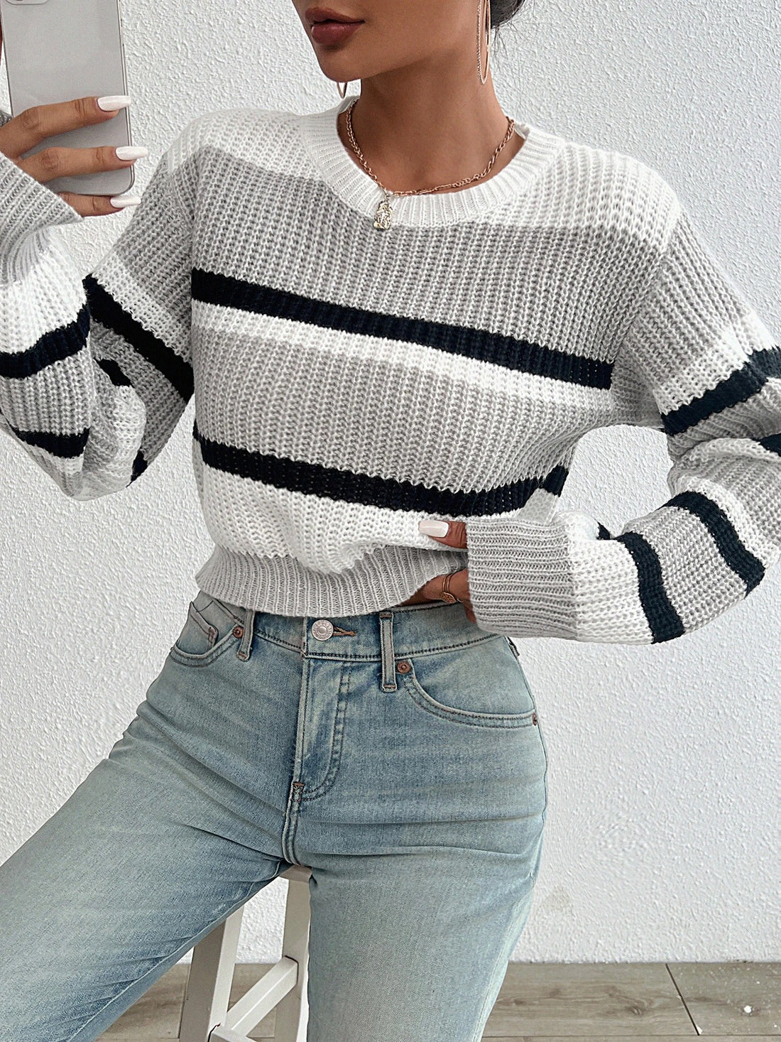 Striped Gray Round Neck Sweater