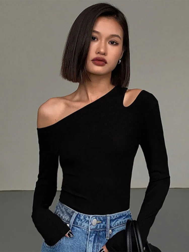 Black Off-Shoulder Long Sleeve Cutout T-Shirt